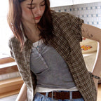 LEATHERY Moment shirring check shirt [BEIGE]
