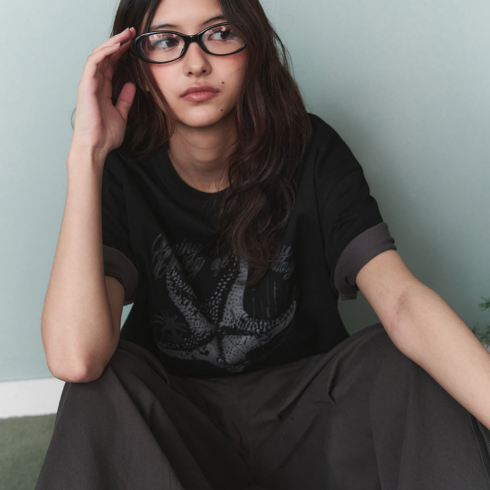 LEATHERY [Pre-order delivery on July 27] Ocean Haze Overfit Short Sleeve T-Shirt [BLACK]