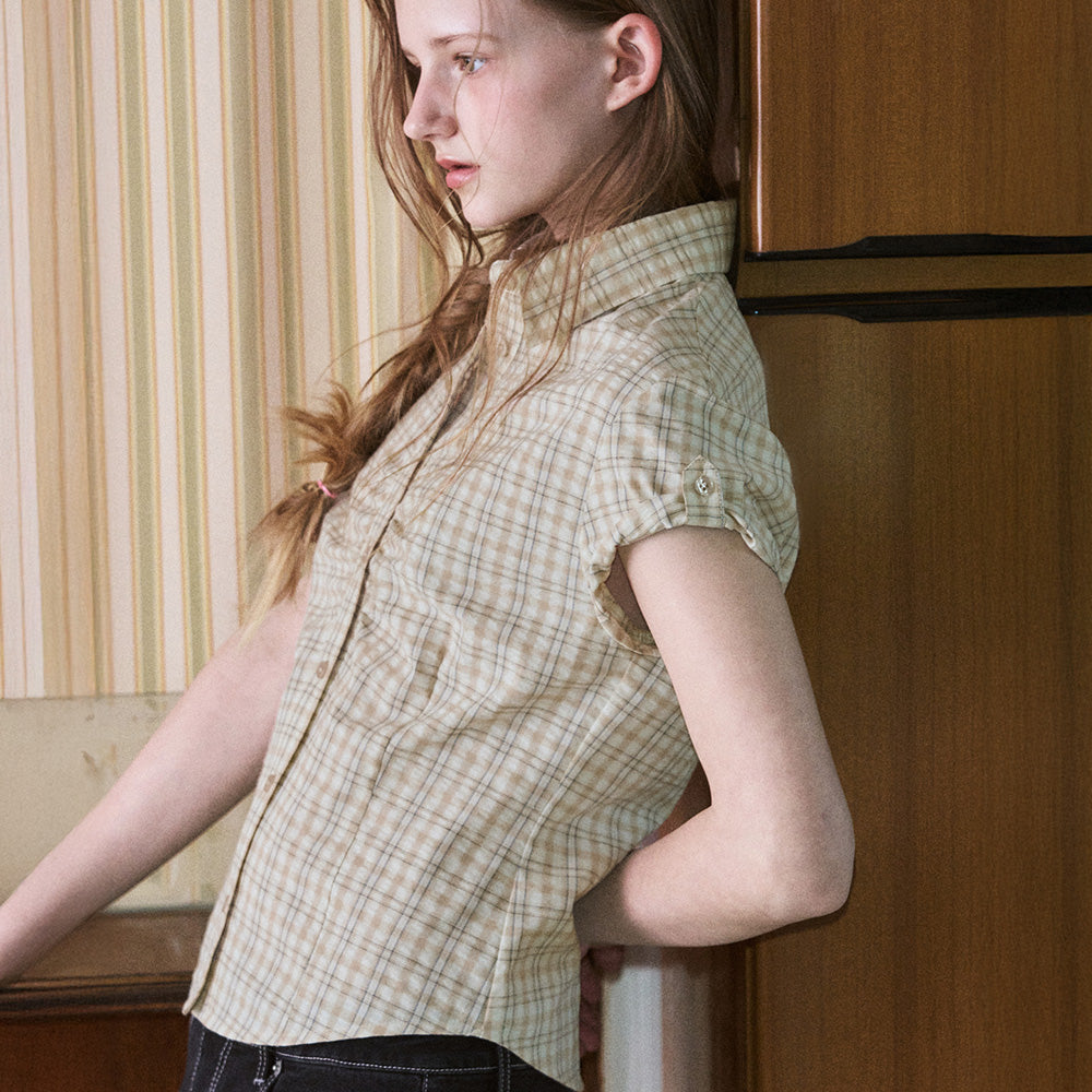 LEATHERY Moment shirring check shirt [BEIGE]