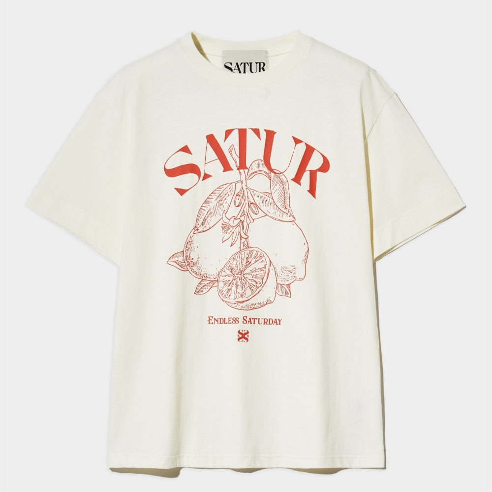 SATUR Capri Citron Drawing Summer Graphic Short Sleeve T-Shirt Cream Orange