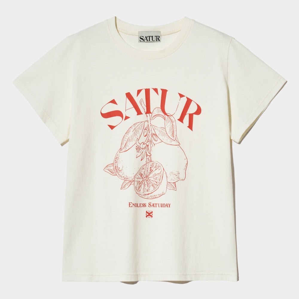 SATUR Capri Citron Drawing Summer Graphic Short Sleeve T-Shirt Cream Orange