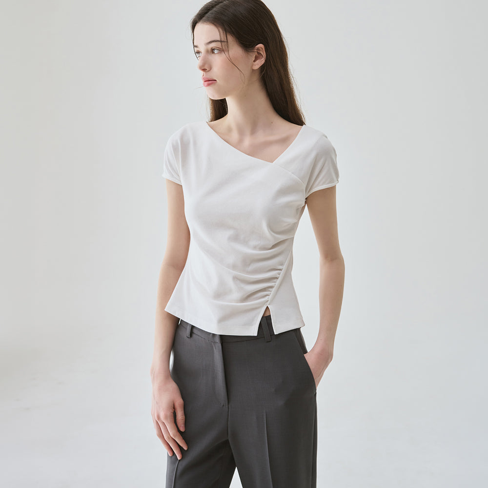 DRAWFIT WOMEN Curve shirring tuck t-shirt [WHITE]