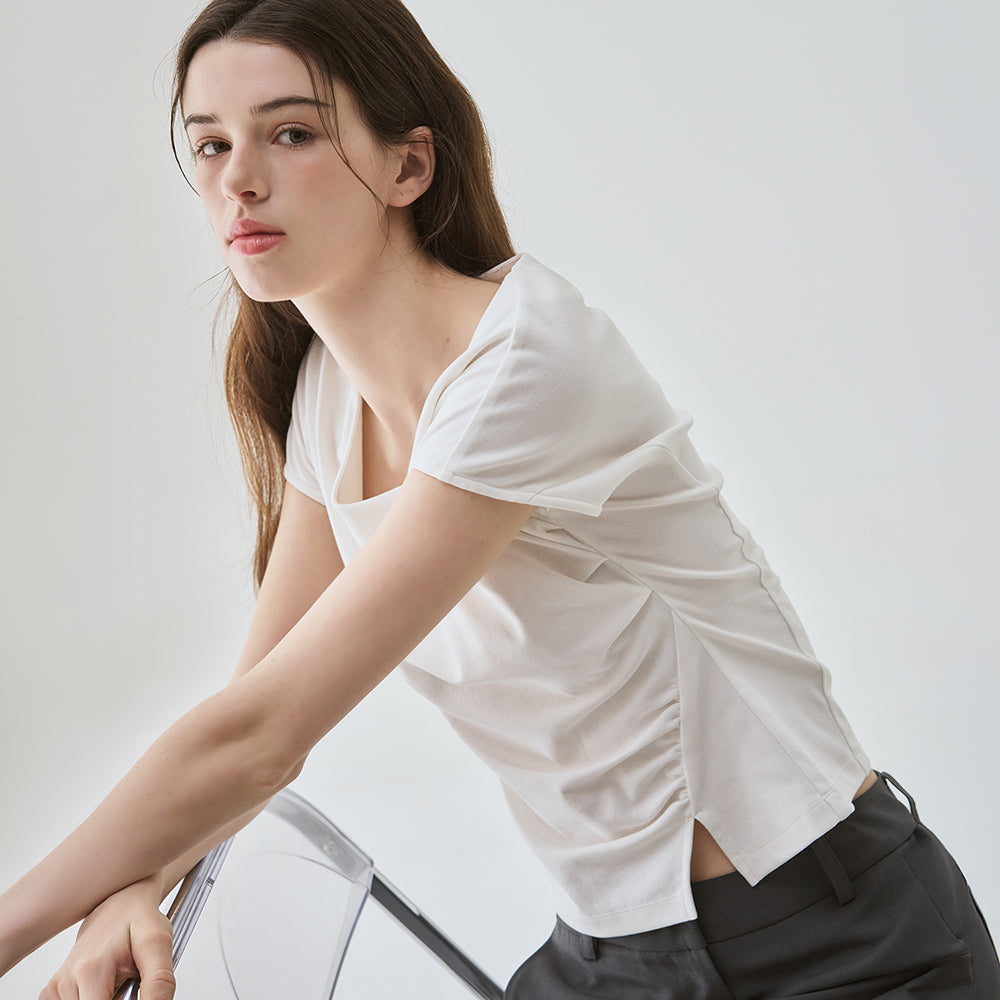 DRAWFIT WOMEN Curve shirring tuck t-shirt [WHITE]