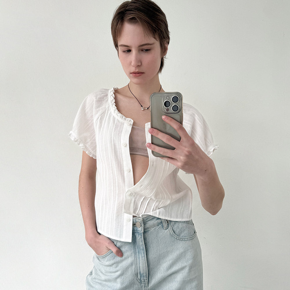 ENOR PINTUCK FRILL COTTON BLOUSE - WHITE