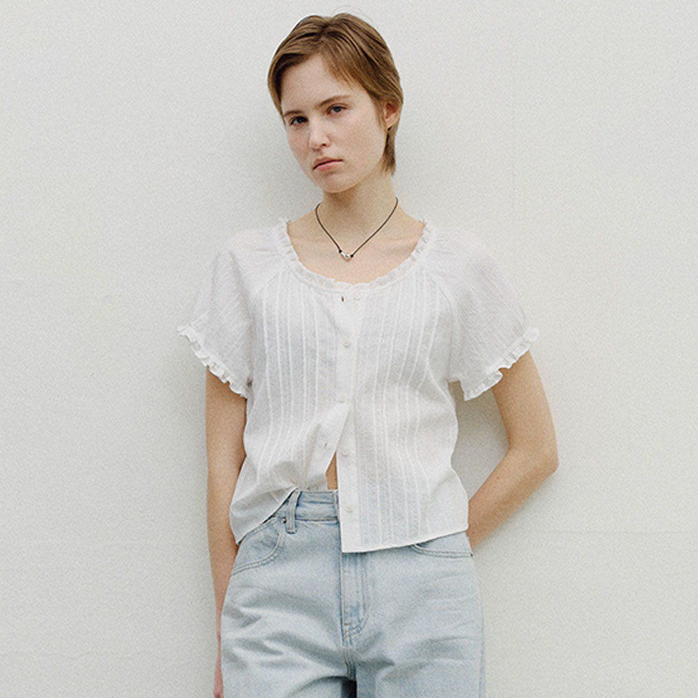 ENOR PINTUCK FRILL COTTON BLOUSE - WHITE