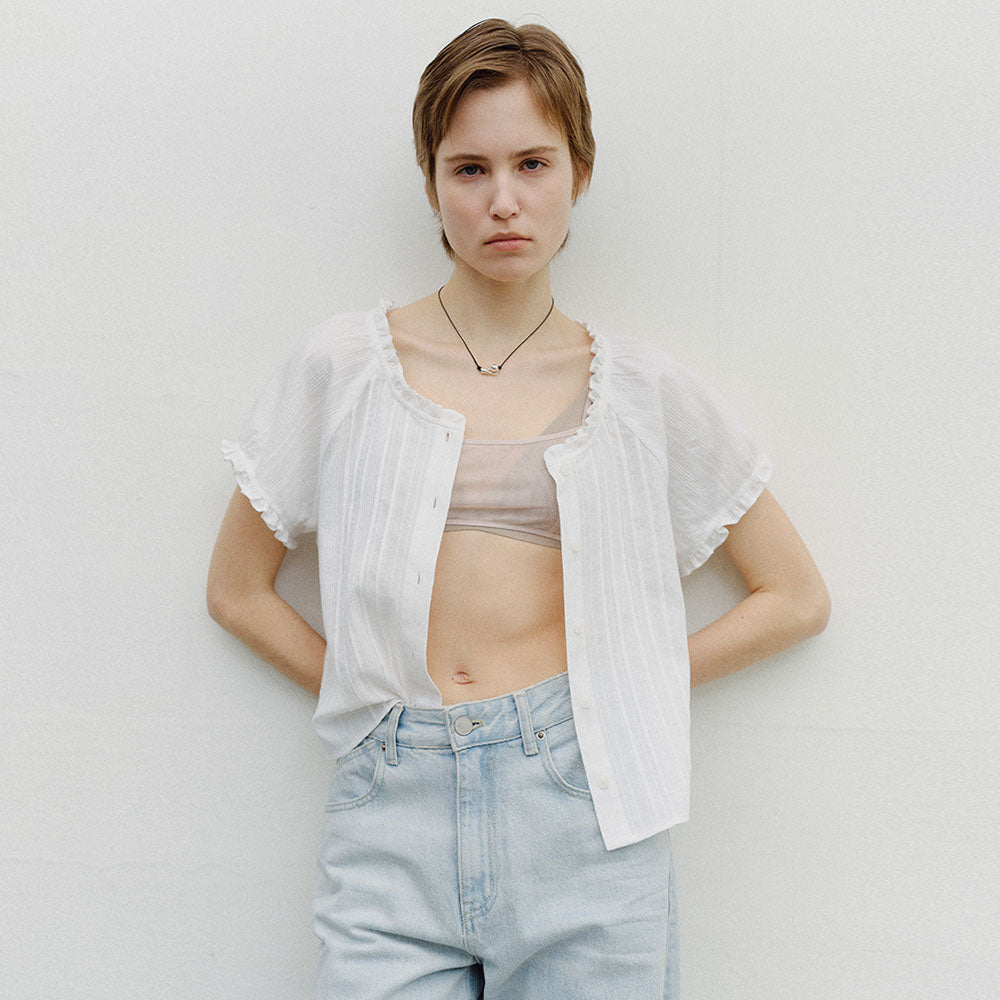 ENOR PINTUCK FRILL COTTON BLOUSE - WHITE