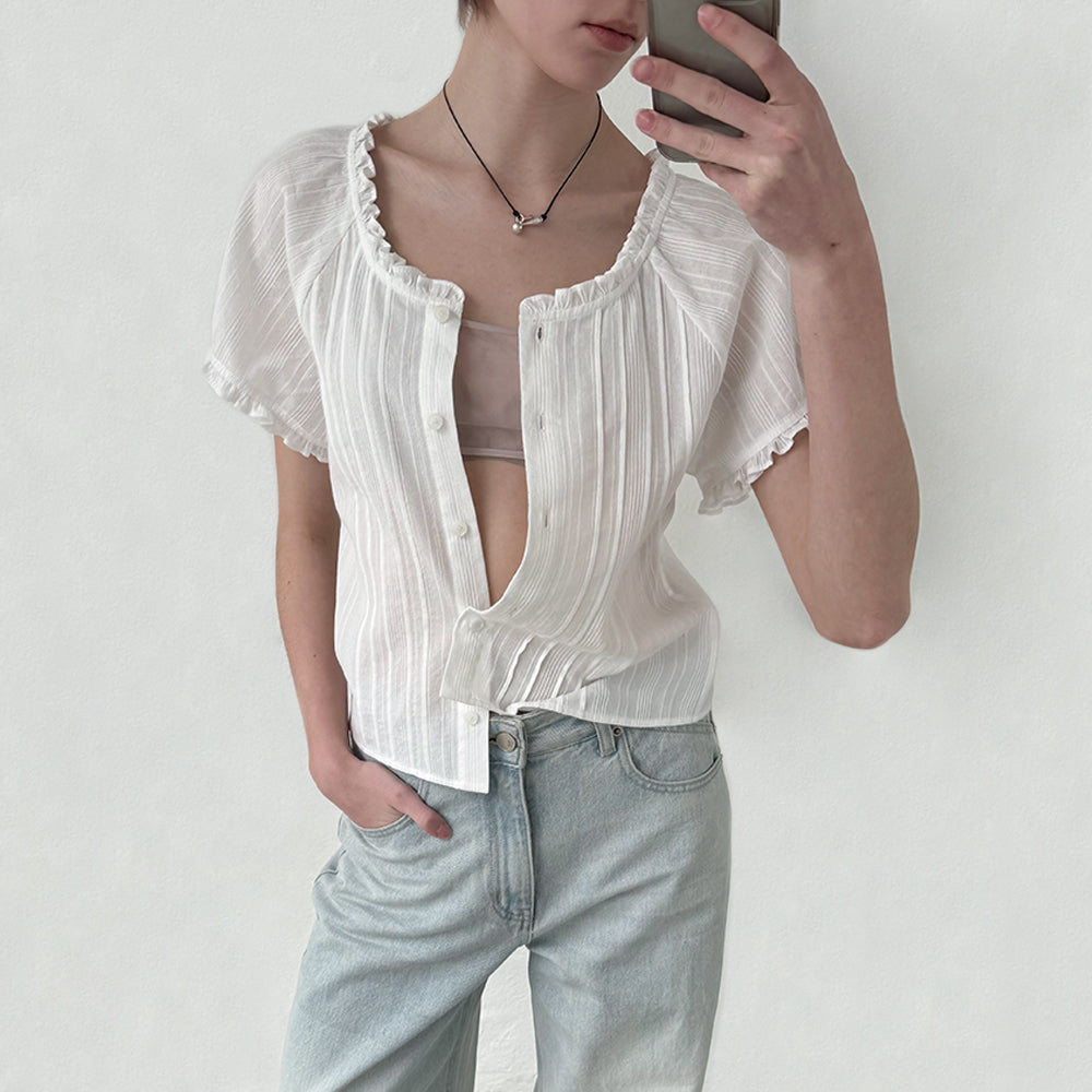 ENOR PINTUCK FRILL COTTON BLOUSE - WHITE