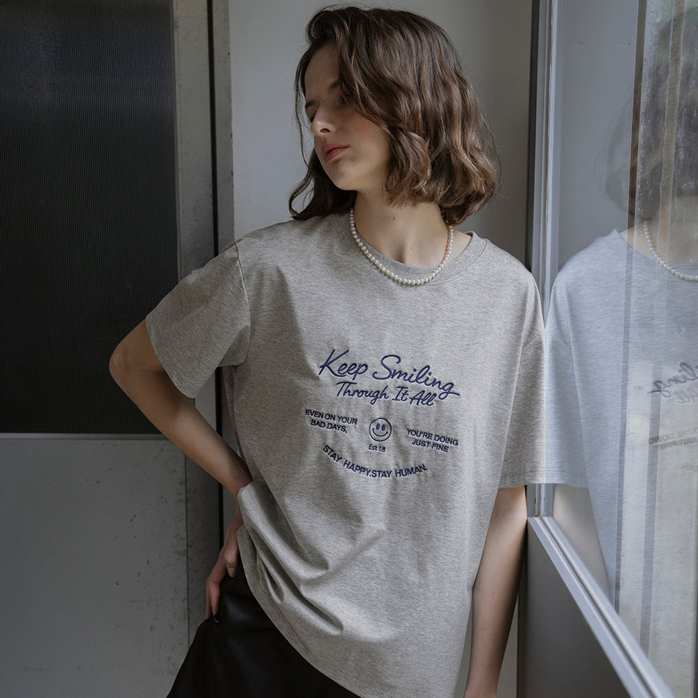 VANONE ATELIER [Exclusive]A3618 Keep smiling embroidery t-shirt_Melange gray