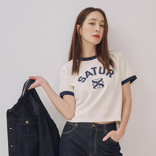 SATUR (W) Arch Logo Ringer Short Sleeve T-Shirt Cream