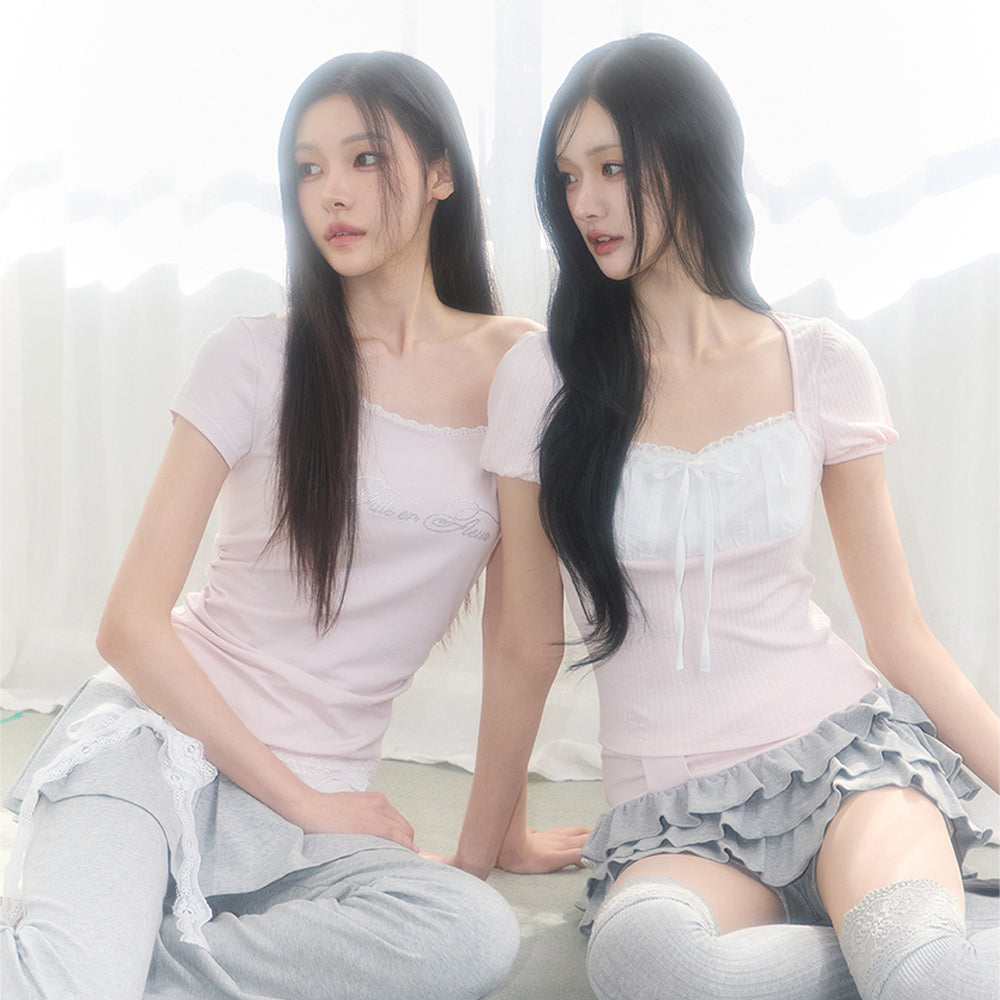 ILLIGO Rosie Lace Square Neck Tee Pink