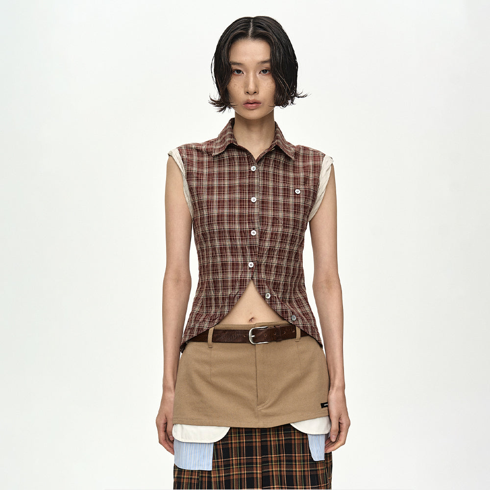 ADSB ANDERSSON BELL CHECK SLEEVELESS SHIRT atb1569w(BROWN)