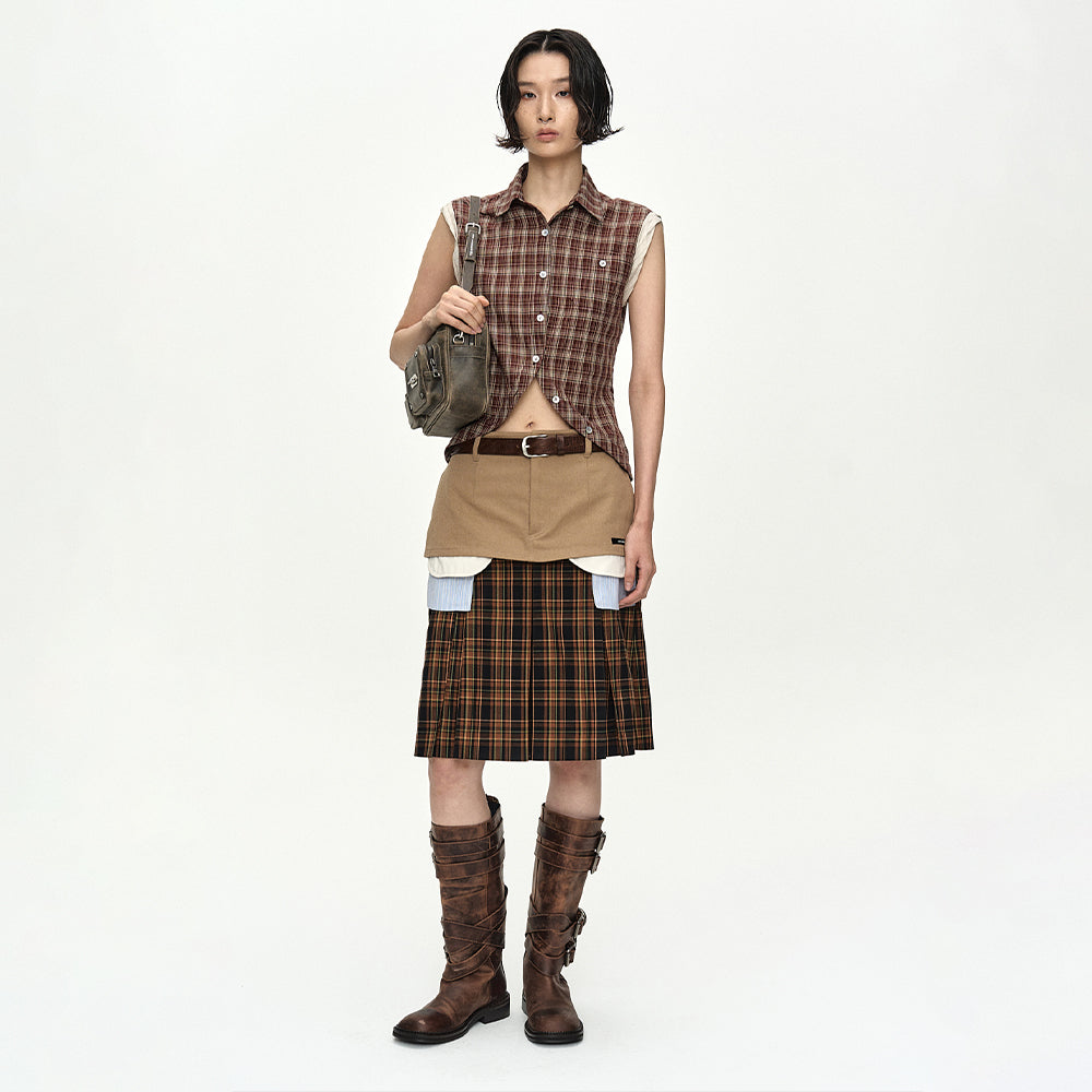 ADSB ANDERSSON BELL CHECK SLEEVELESS SHIRT atb1569w(BROWN)