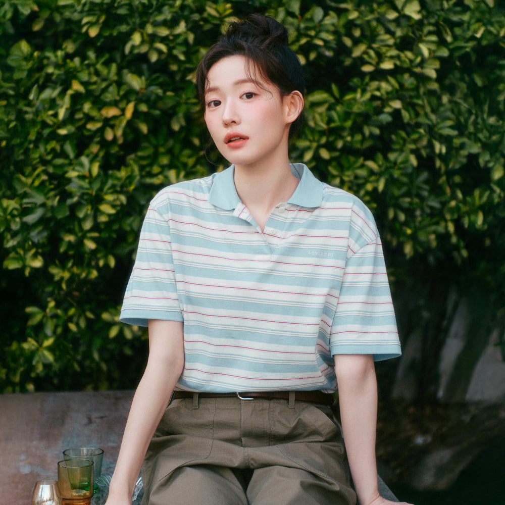 COVERNAT WOMAN [Choi Yunji wearing] Women’s collar striped t-shirt dusty blue
