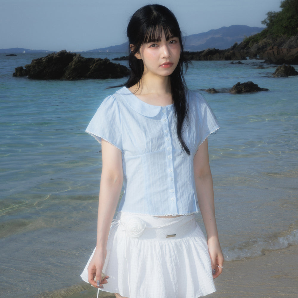 RoséFrantz Round Collar Short Sleeve Blouse [Sky Blue]