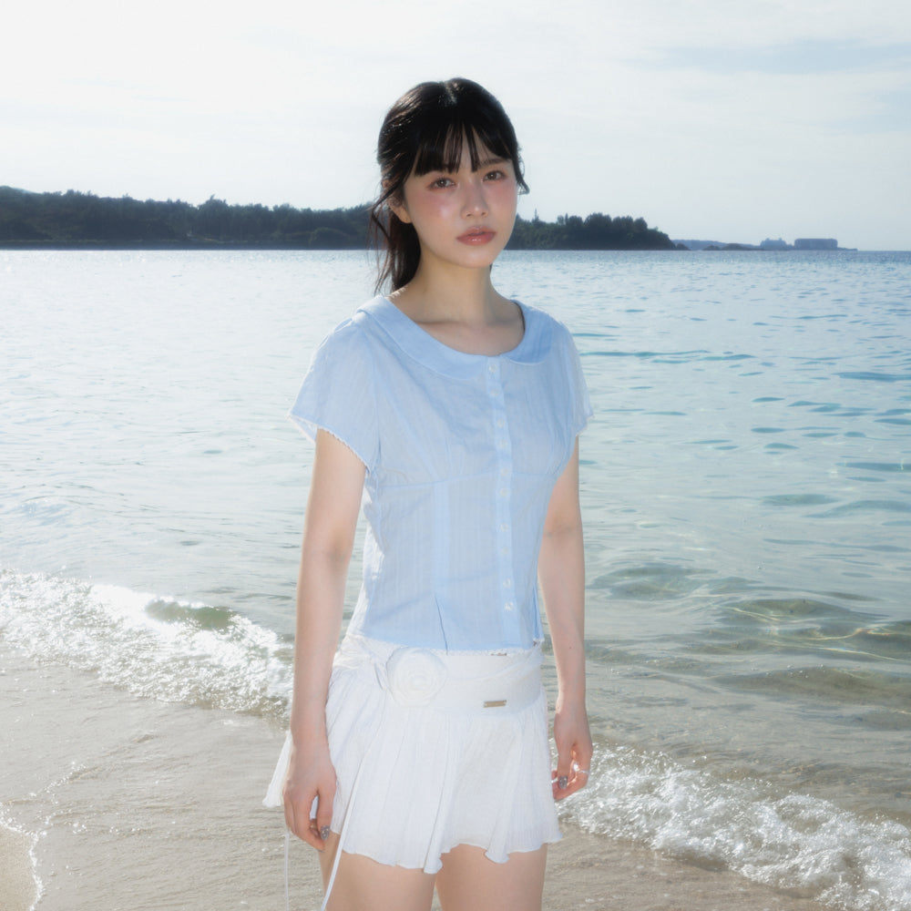 RoséFrantz Round Collar Short Sleeve Blouse [Sky Blue]