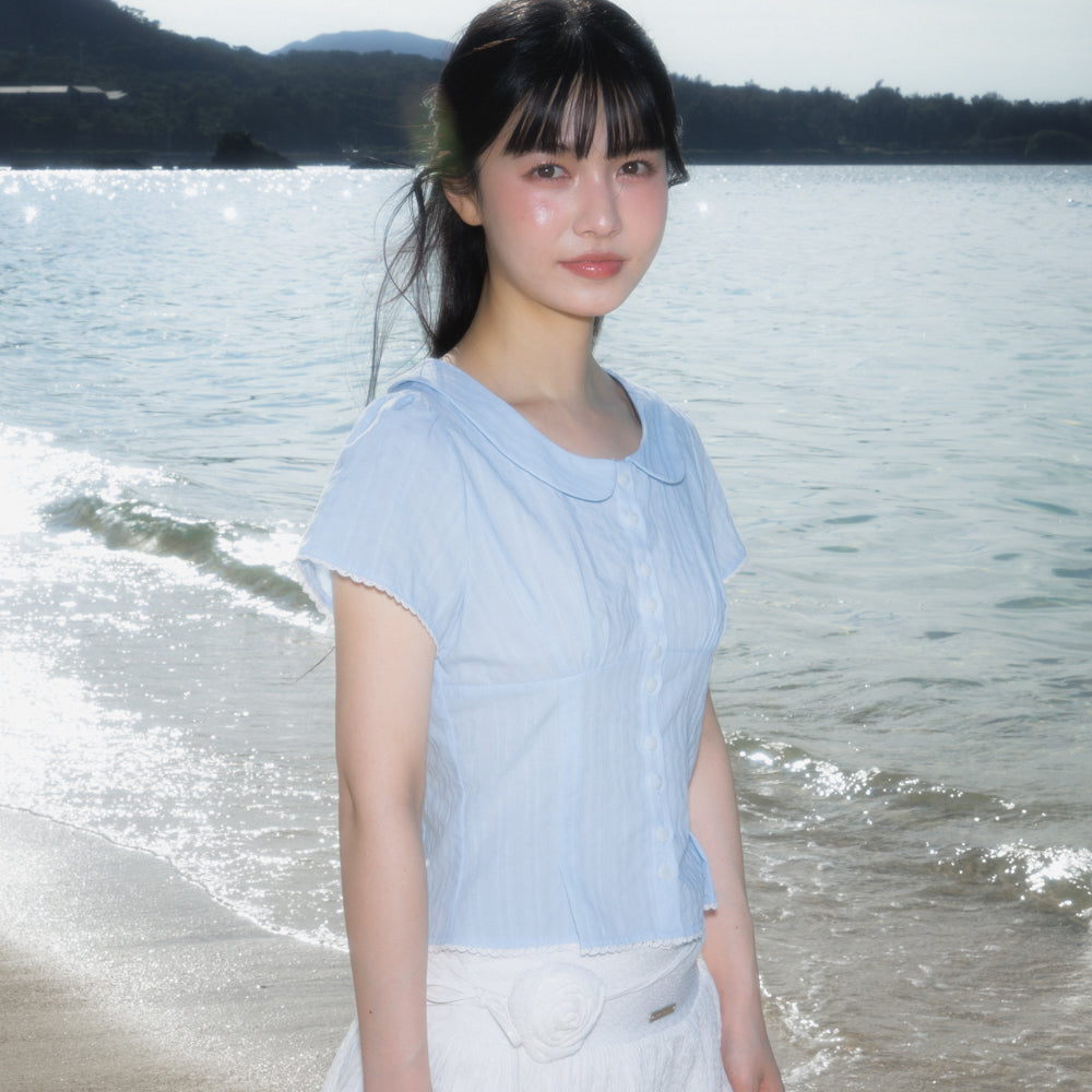 RoséFrantz Round Collar Short Sleeve Blouse [Sky Blue]