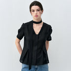 BASIKA Half sleeve V-neck tie blouse_2color