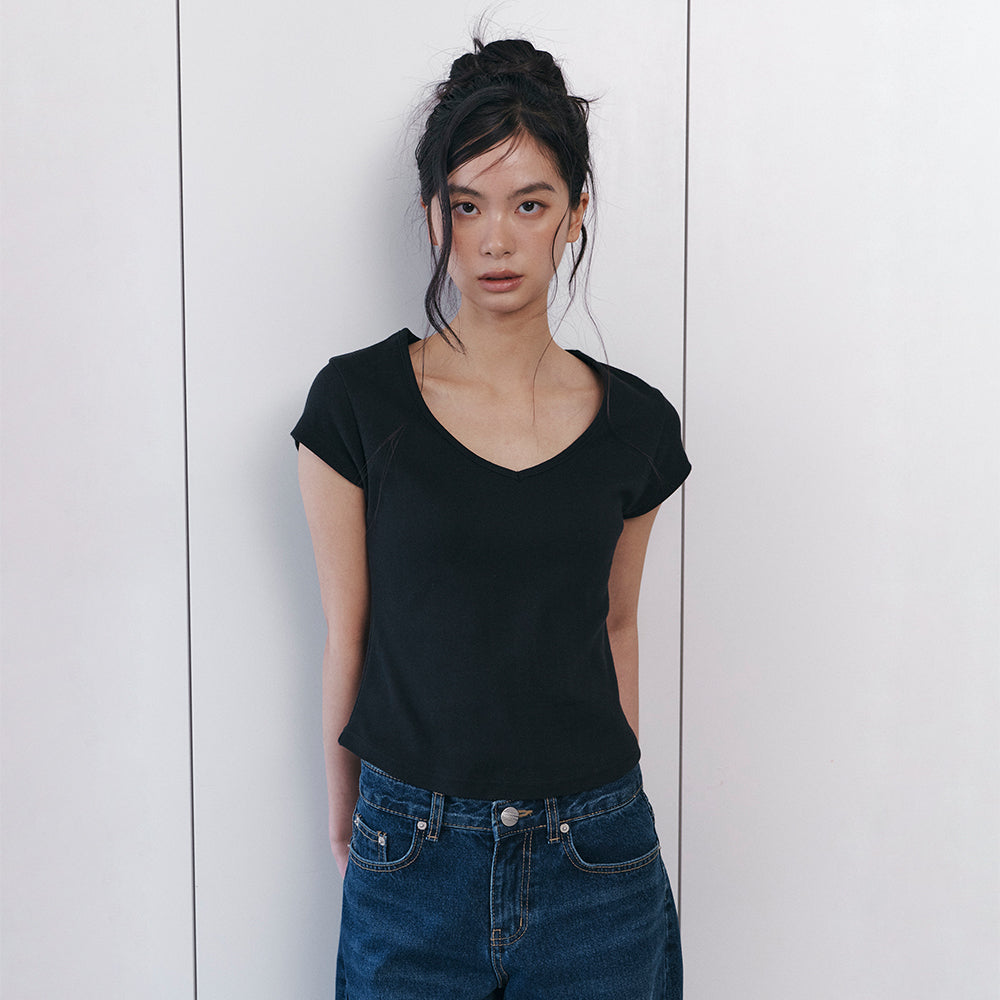 CURETTY C 90S LINE V-NECK HALF-SLEEVE T-SHIRT_BLACK