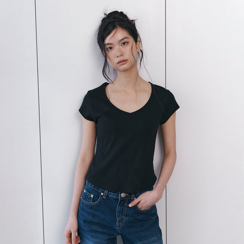 CURETTY C 90S LINE V-NECK HALF-SLEEVE T-SHIRT_BLACK