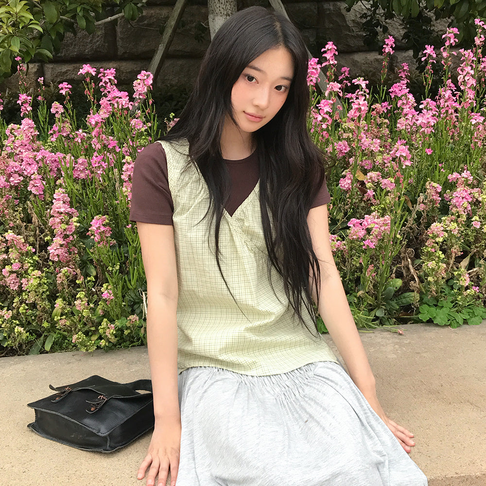 LETTER FROM MOON Timo shirring wrap check blouse (apple green)