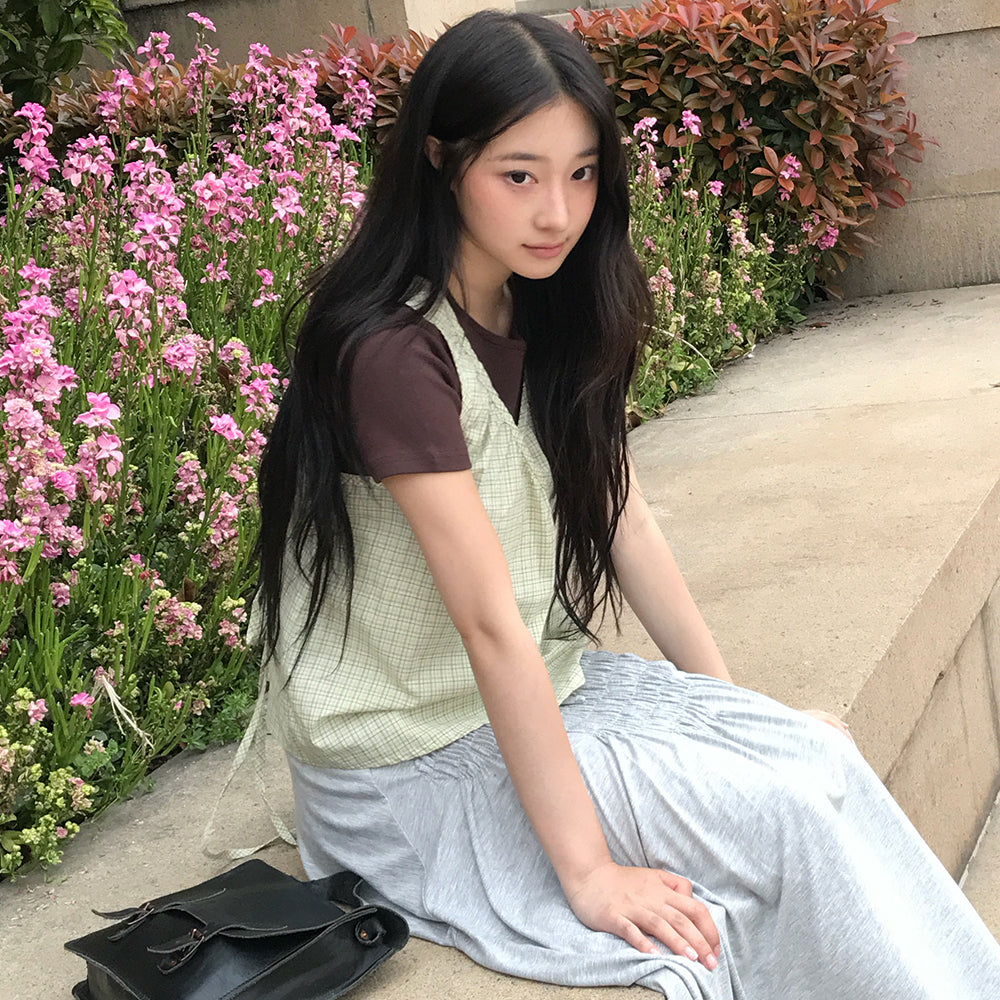 LETTER FROM MOON Timo shirring wrap check blouse (apple green)