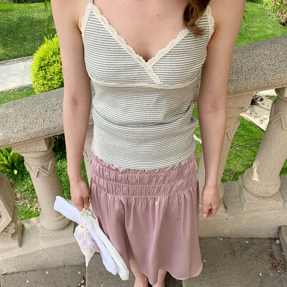 LETTER FROM MOON Striped Wrap Lace Top (Grey)