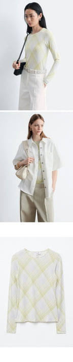 & Other Stories Long Sleeve Jersey Top (Grey/Green Checked)