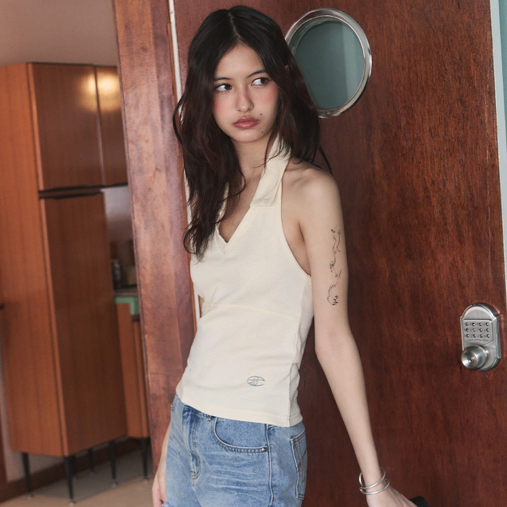 LEATHERY Waffle collar halter top [CREAM]