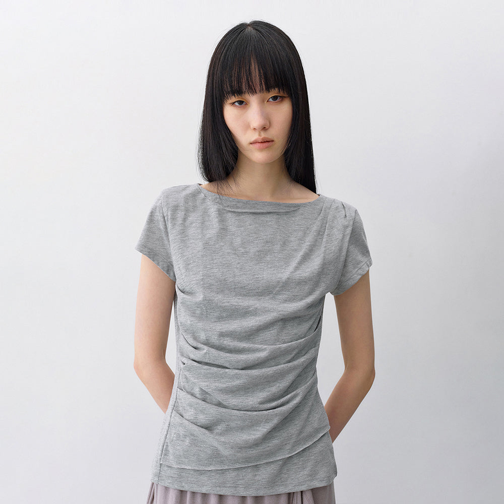 INSILENCE WOMEN [3rd reorder] Draping boat neck t-shirt MELANGE GRAY