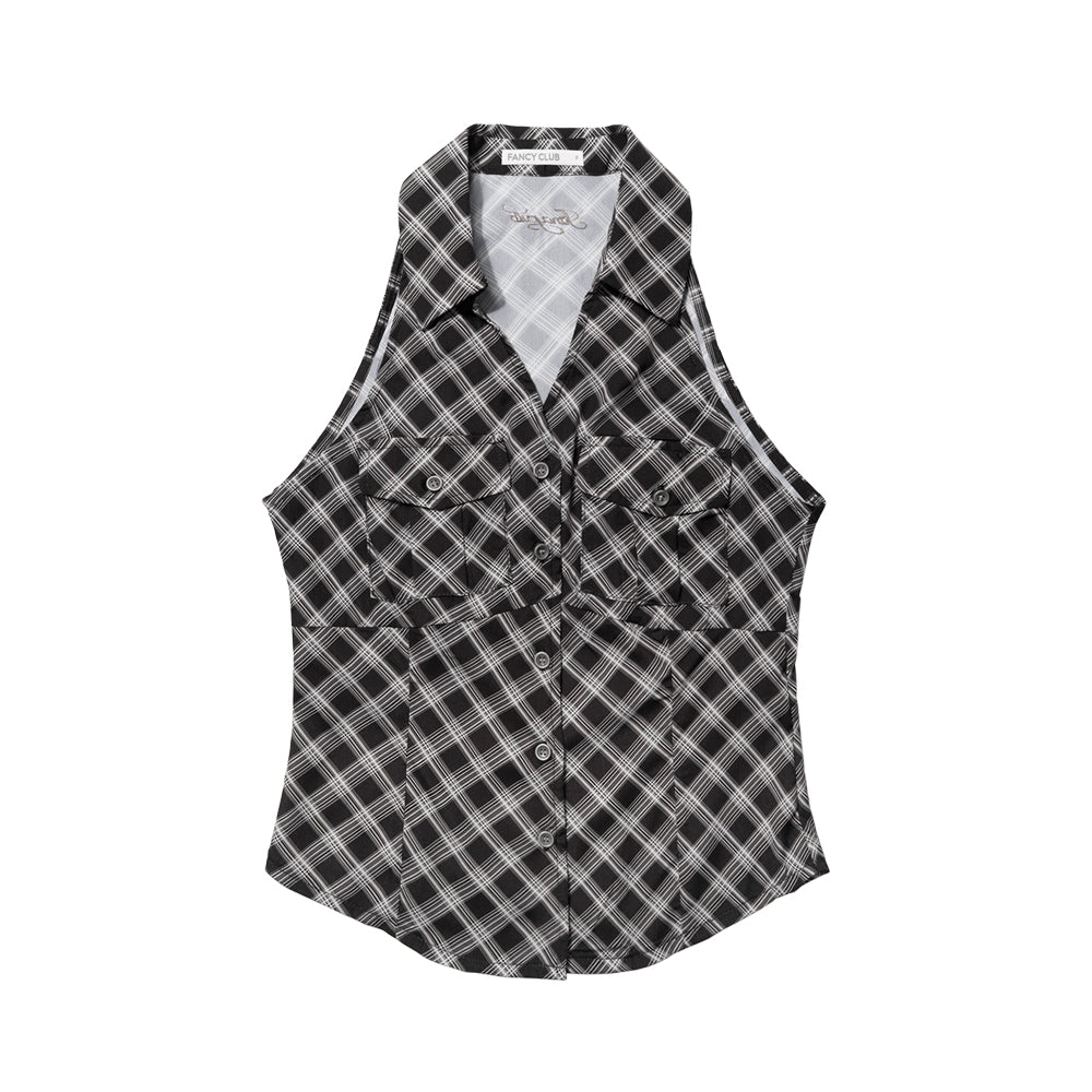 FANCY CLUB POCKET CHECK HALTERNECK TOP (BLACK) F26QB137
