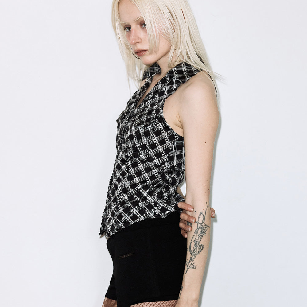 FANCY CLUB POCKET CHECK HALTERNECK TOP (BLACK) F26QB137
