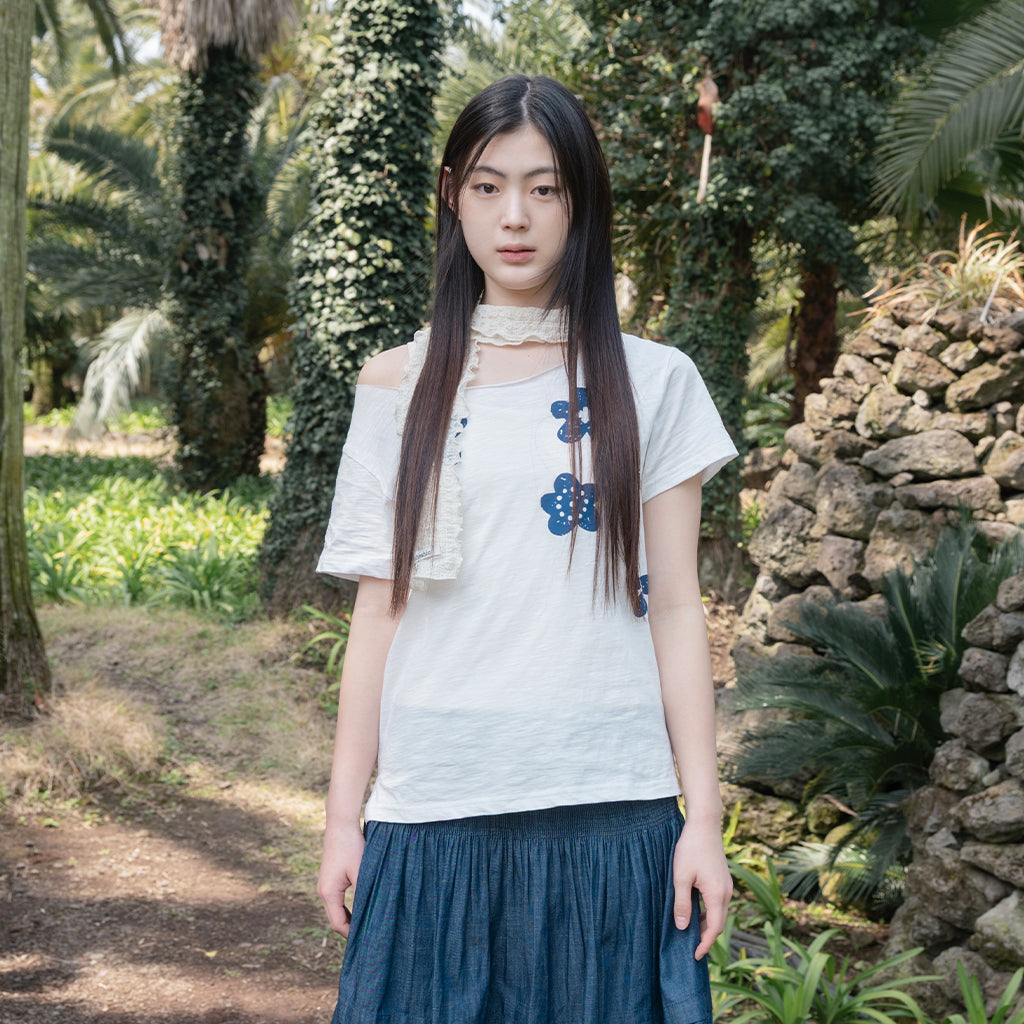 OHESHIO VINTAGE FLOWER SCOOP NECK T-SHIRT, WHITE