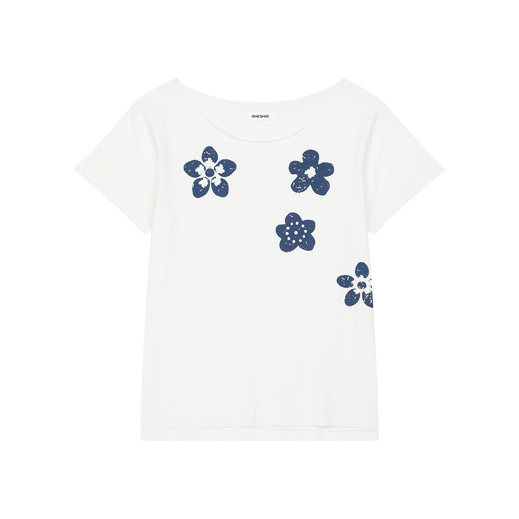 OHESHIO VINTAGE FLOWER SCOOP NECK T-SHIRT, WHITE