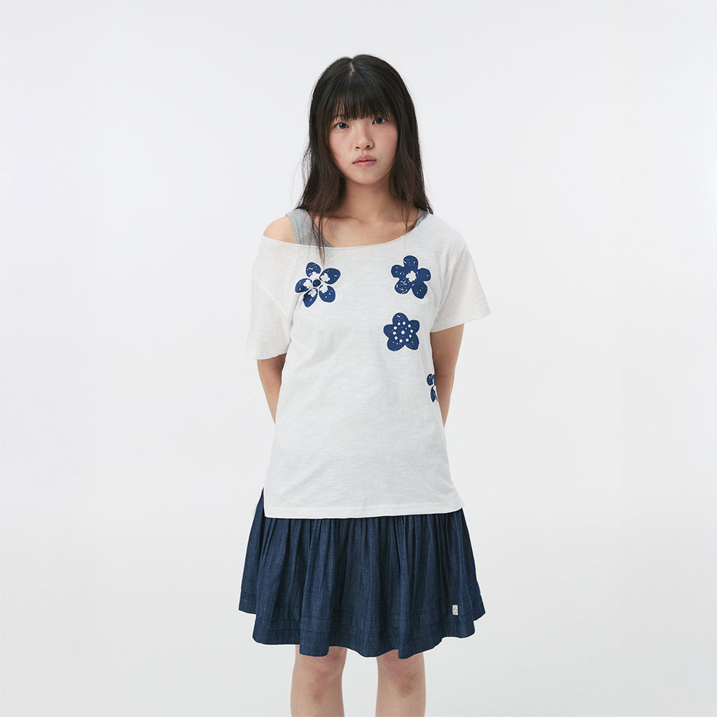 OHESHIO VINTAGE FLOWER SCOOP NECK T-SHIRT, WHITE