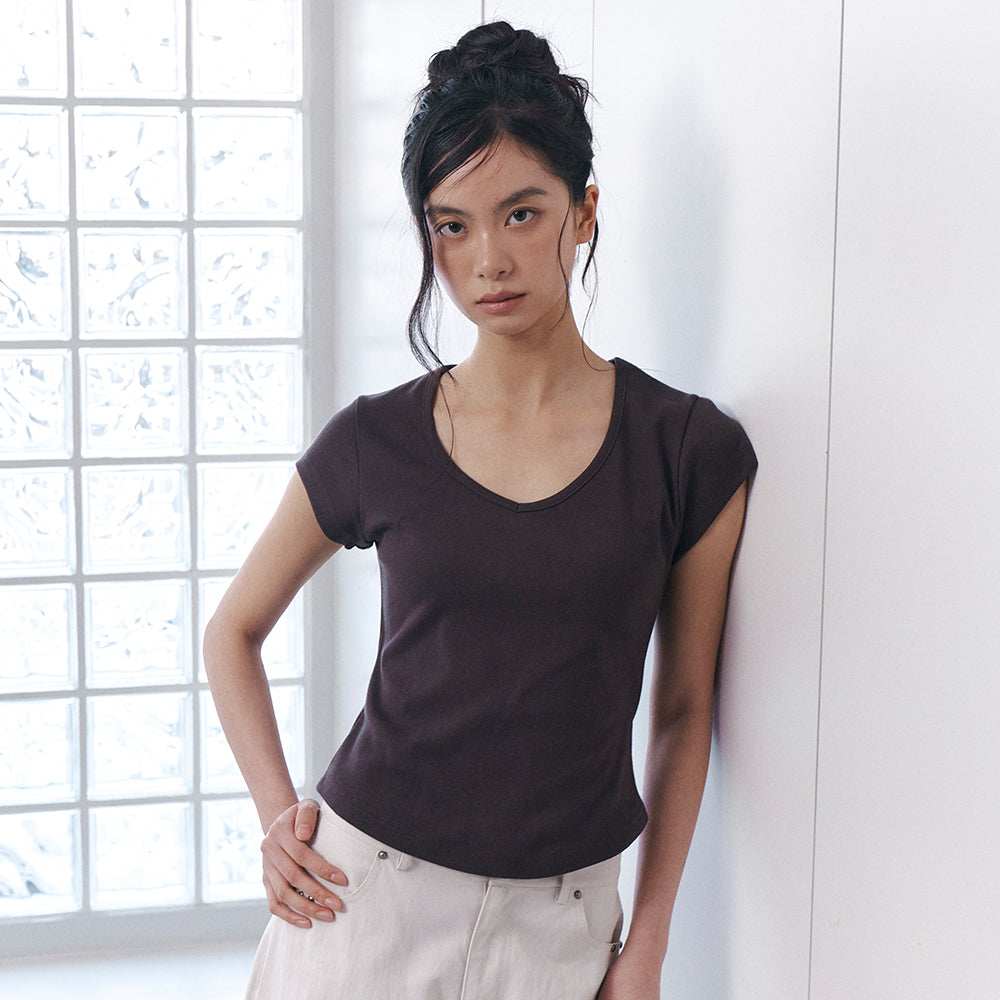 CURETTY C 90S LINE V-NECK HALF-SLEEVE T-SHIRT_BROWN