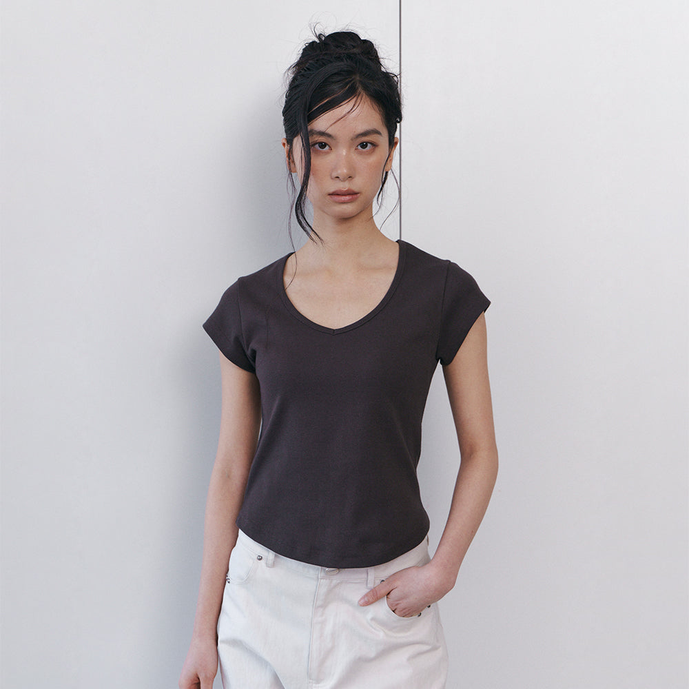 CURETTY C 90S LINE V-NECK HALF-SLEEVE T-SHIRT_BROWN