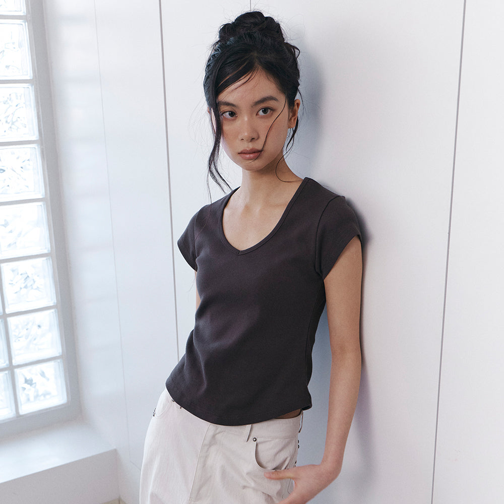 CURETTY C 90S LINE V-NECK HALF-SLEEVE T-SHIRT_BROWN