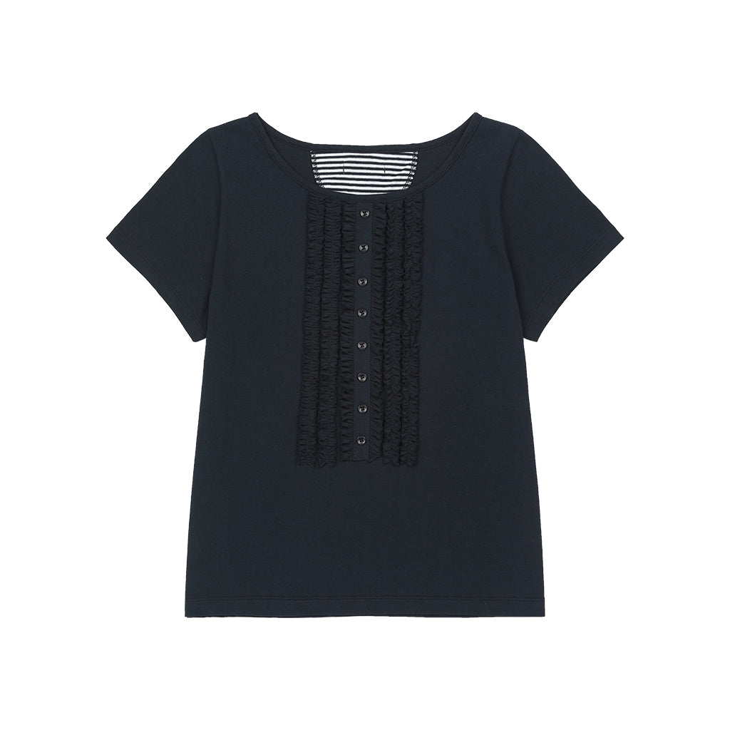 OHESHIO FRILL JERSEY T-SHIRT, NAVY