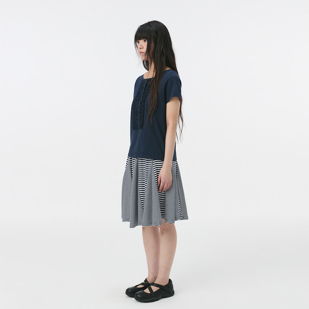 OHESHIO FRILL JERSEY T-SHIRT, NAVY
