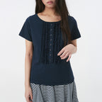 OHESHIO FRILL JERSEY T-SHIRT, NAVY