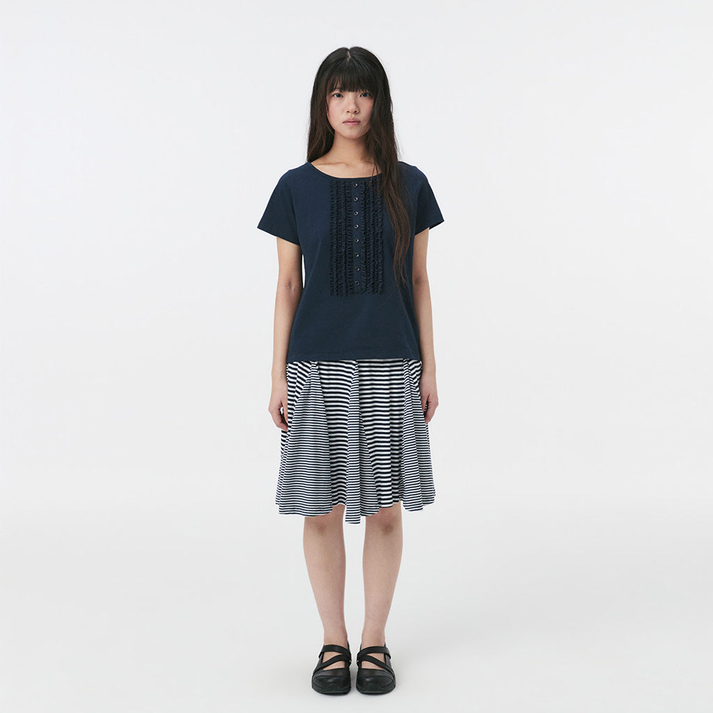 OHESHIO FRILL JERSEY T-SHIRT, NAVY