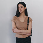 CURETTY C 90S LINE SLIT NECK HALF-SLEEVE T-SHIRT_CAMEL