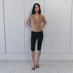 CURETTY C 90S LINE SLIT NECK HALF-SLEEVE T-SHIRT_CAMEL