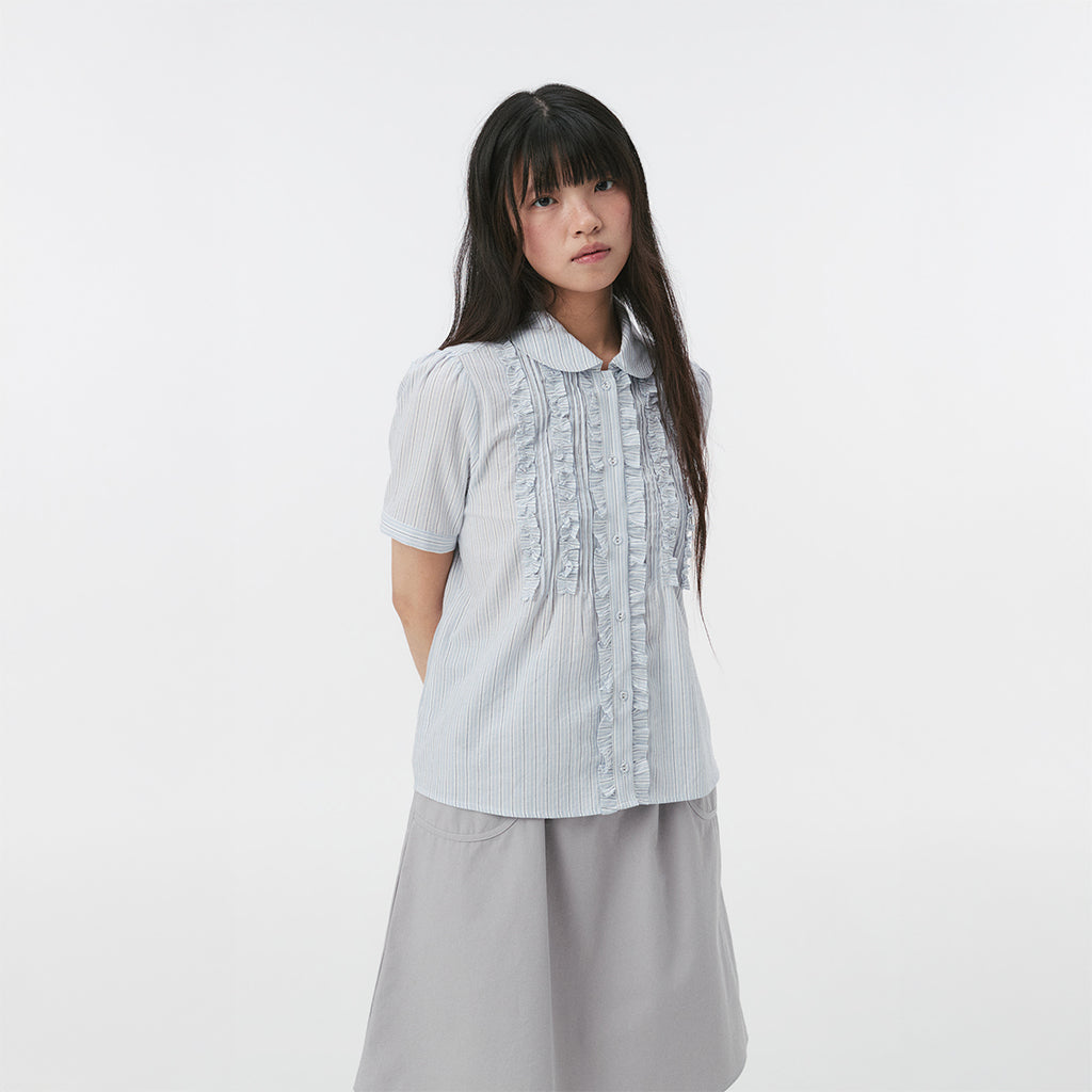 OHESHIO ROUND COLLAR FRILL BLOUSE, STRIPE