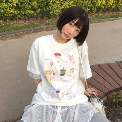 Childish Angel Drawing Short Sleeve T-Shirt - Off White