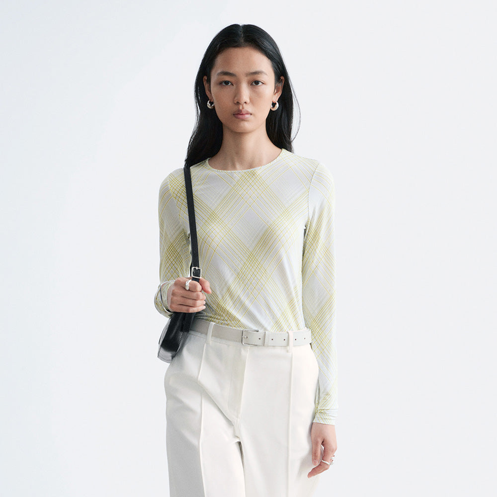 & Other Stories Long Sleeve Jersey Top (Grey/Green Checked)