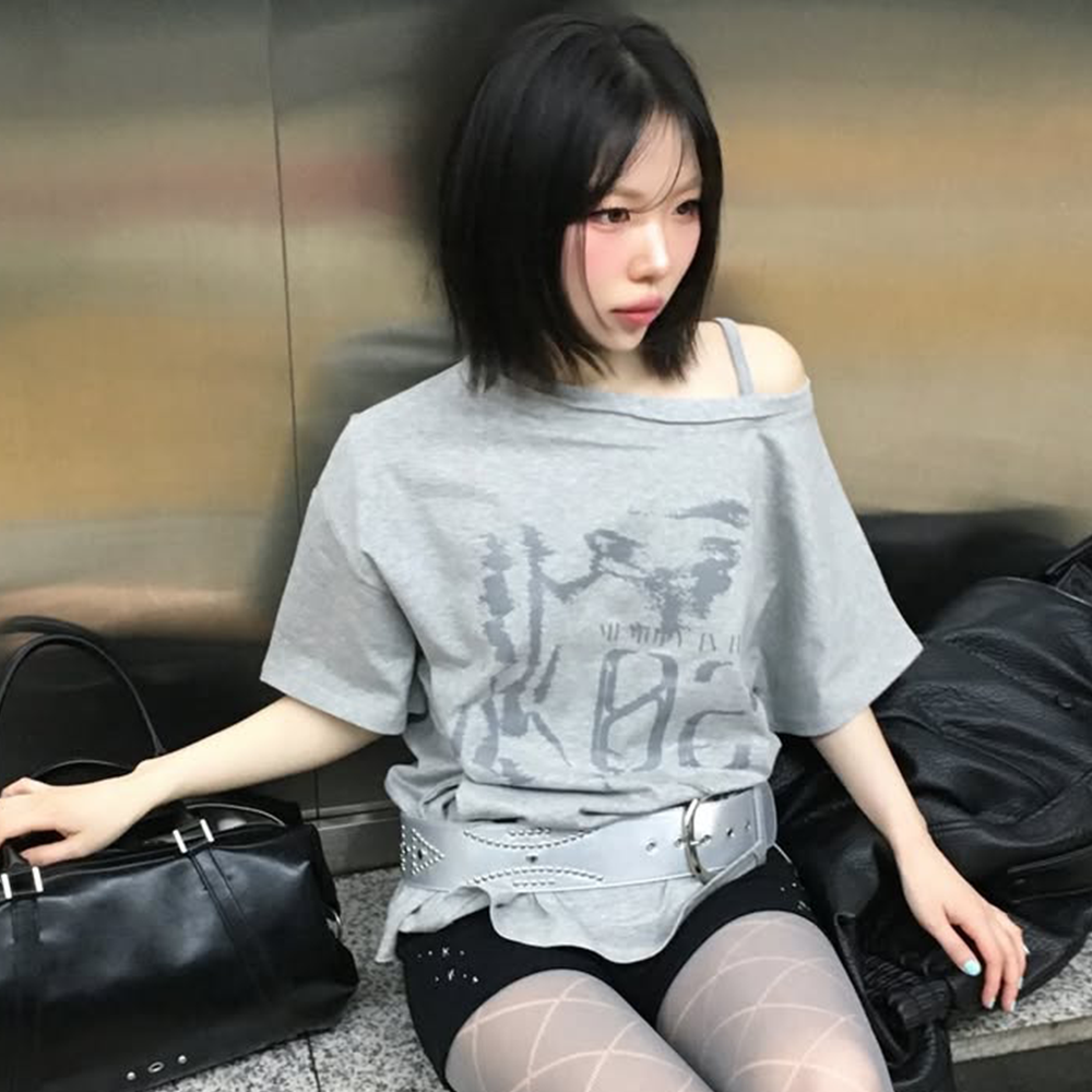 LEATHERY Vintage slit one-shoulder short-sleeved t-shirt [MELANGE]