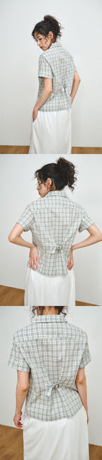 PLZPROJECT CHECK CINCH-BACK HALF SHIRT, GREEN