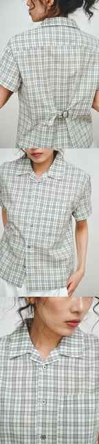PLZPROJECT CHECK CINCH-BACK HALF SHIRT, GREEN