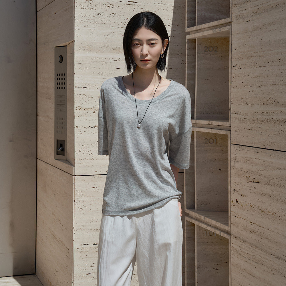 Siyazu [Sobin PICK] SITP5287 U-Neck Relaxed Short Sleeve T-Shirt_Melange gray